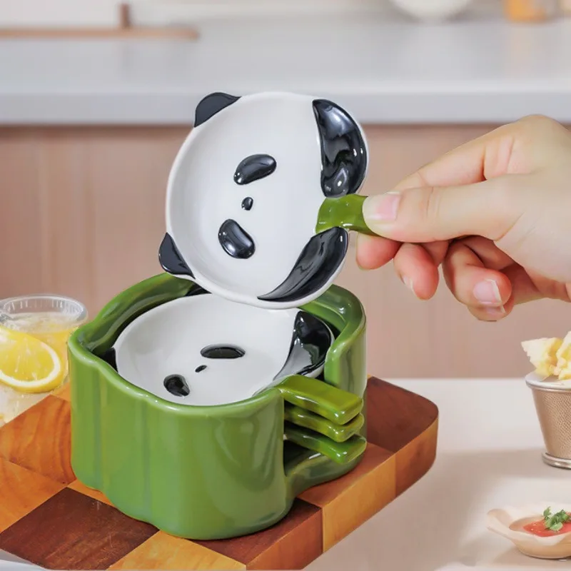 Chinese Creative Cartoon Panda Ceramics Condiment Dish Set Wasabi Soy Sauce Dish Vinegar Plate with Handle Kitchen Tableware