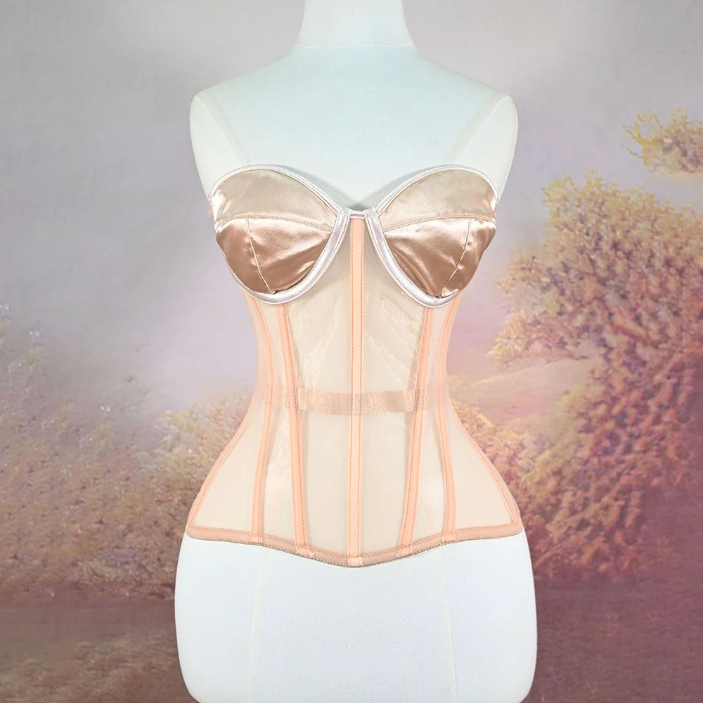 Women's Corset Bustiers Strapless With Bra Breathable Mesh Lace Up Boned Bodices Waist Girdle Tummy Control Tight Tops view 4