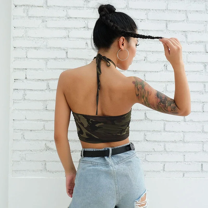 

Breathable Camouflage backless Casual Tank Top for Women Loose Fit Crop Top with Military Print Comfortable Outfit