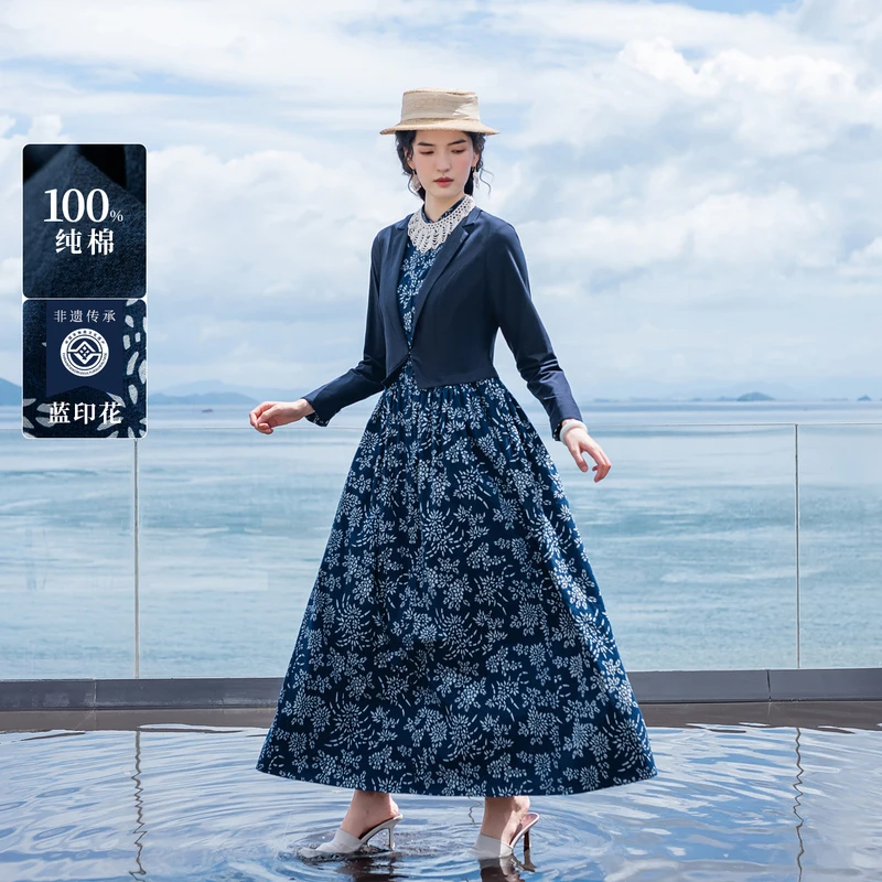 

A Life On The Left Women Fake Two Pieces Dress Long Sleeve Lapel A-shaped Traditional Blue Calico Retro Elegant Navy Long Skirt