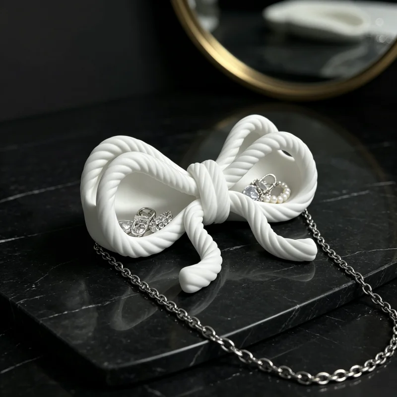 Multifunctional Twisted Rope Bowknot Double-Slot Beauty Storage Tray, Multi-Scene Decorative Cosmetic Storage Bowl, Waterproof Multi-Purpose Bathroom Accessory, Suitable for Shower Room, Dressing Table, Bedroom, Entryway Tabletop, Cream-Colored Girly Home Decor Ornament