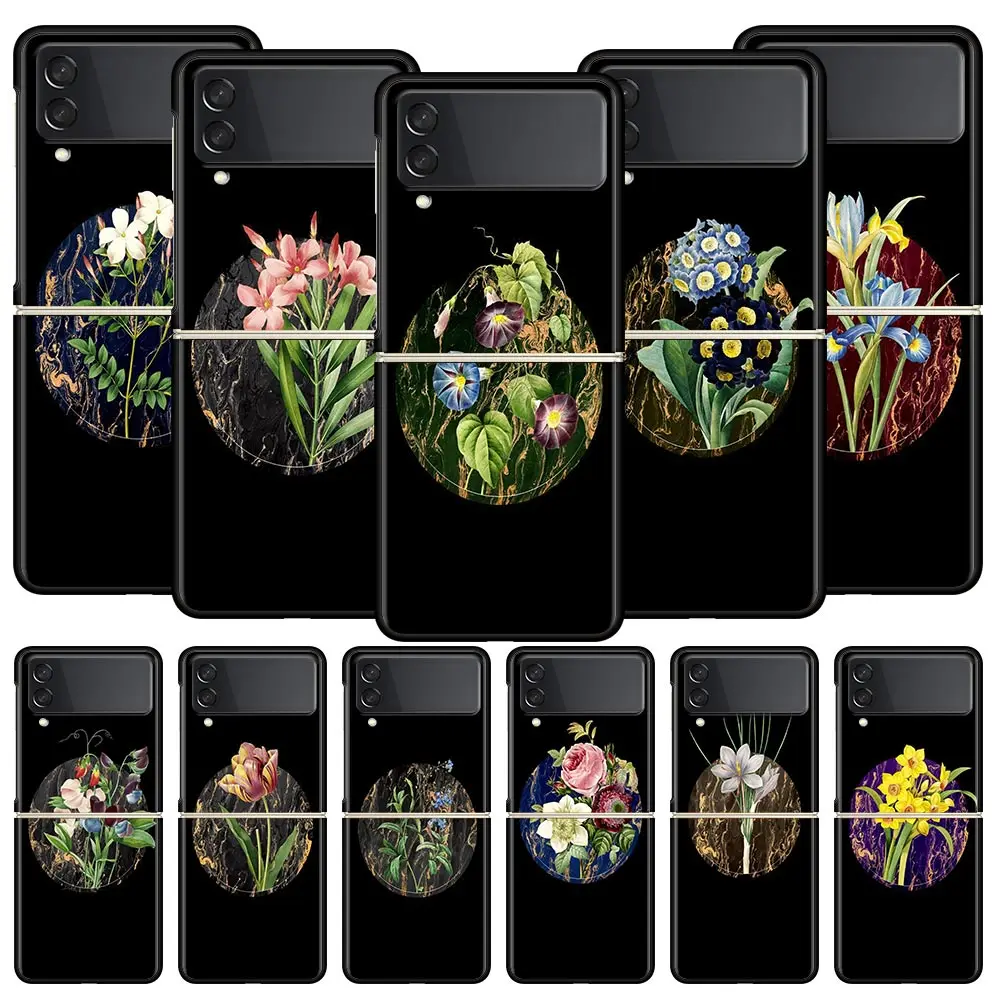 Vintage Flower Botanical Marble Phone Case for Samsung Galaxy Z Flip 3 4 5 Black Folding Mobile Shell Hard Coque Protect Cover