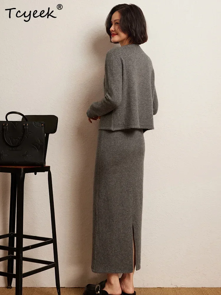 Women Suite Cardigan Skirt Autumn Winter Sweater Two Piece 100% Cashmere Sweater Dress Double Layer Pullover Clothes Set Knitted