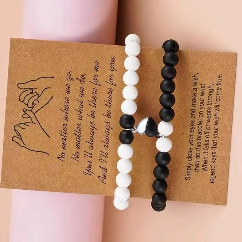 

2Pcs/Set Couple Natural Stone Beaded Bracelets with Heart Magnet Charms Simple Love Fashion Jewelry for Men And Women