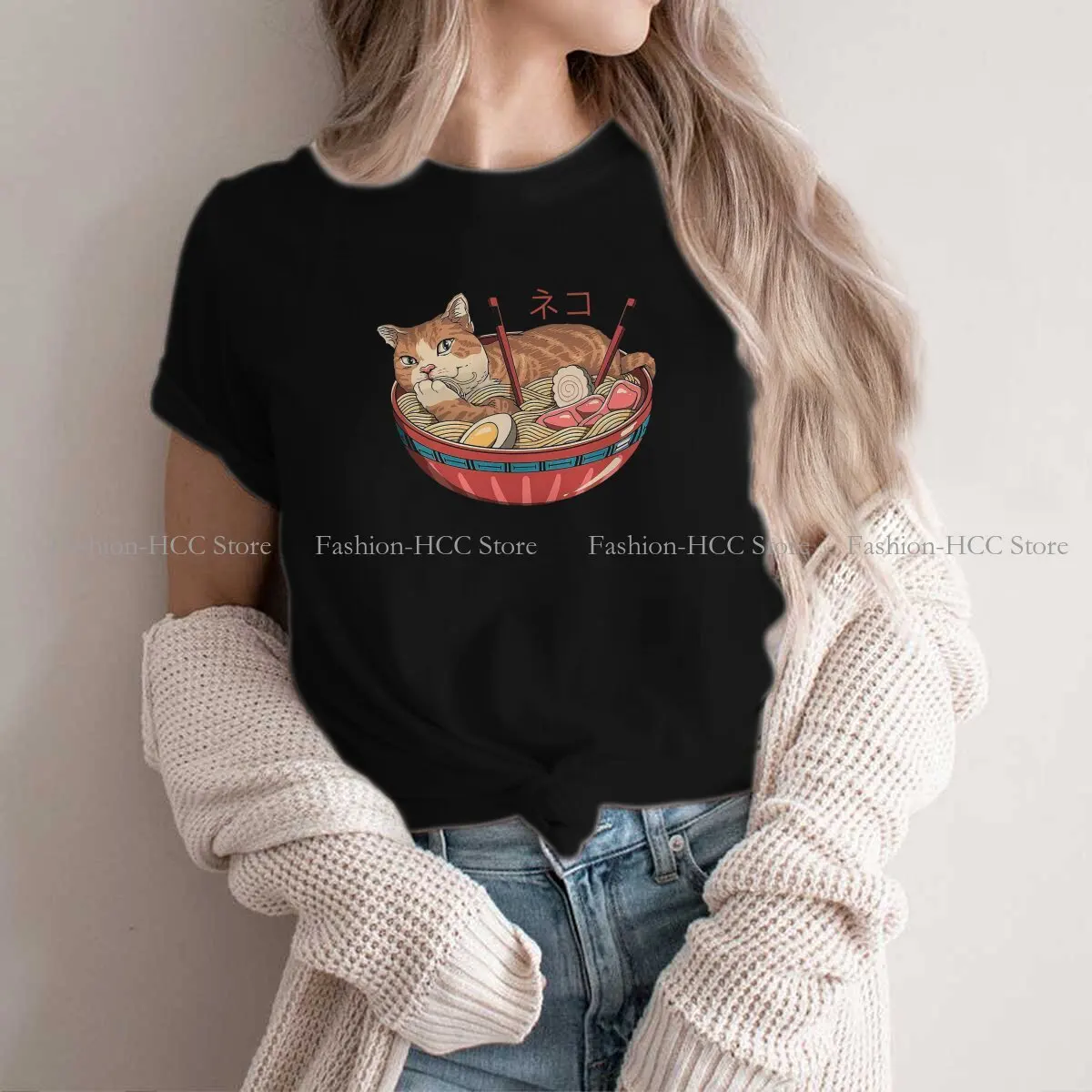 Cat  Classic Newest Polyester TShirts The Great Ramen Off Kanagawa Female Style Streetwear T Shirt Round Neck