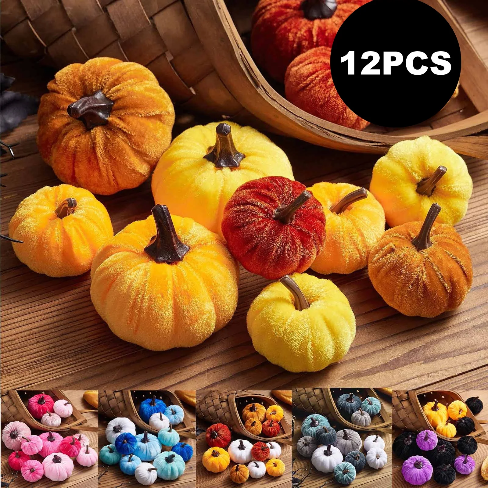 12 Pcs Colorful Velvet Artificial Pumpkin Set Decor Simulation Pumpkin Decorations Halloween Party Foam Pumpkin Desktop Ornament