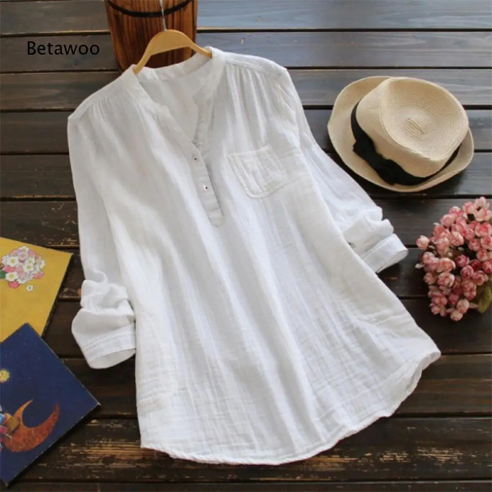 Womens Loose Casual Long Shirt Solid White Crinkle Cotton Linen Stand Collar Half Placket Pocket Tunic Top