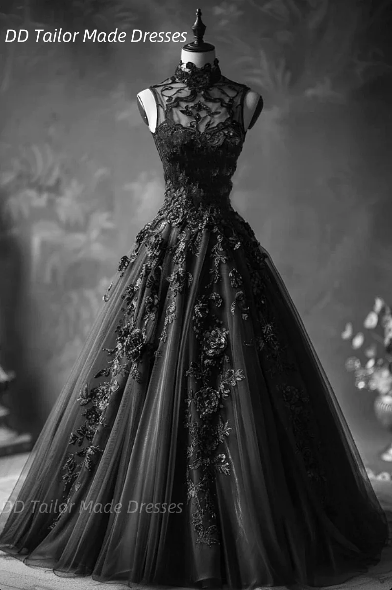 

Готическое черное платье для выпускного вечера с высоким воротником без рукавов, трапециевидное платье для особых случаев, цветы, кружевные аппликации, индивидуальное платье Vestido De Novia