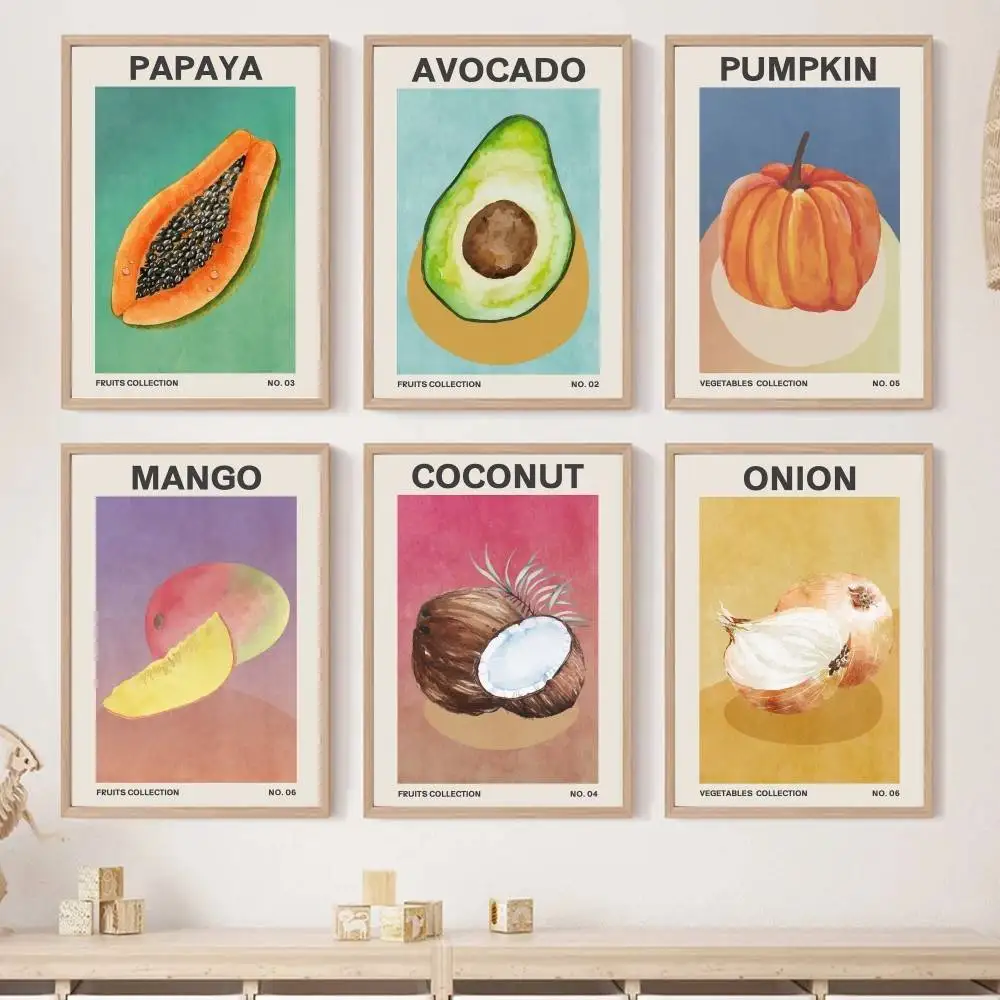 Minimalist Watercolor Fruits Veggies Paper Prints Vintage Lettering Poster Color Block Wall Decor for Kitchen Cafe Dining Gift
