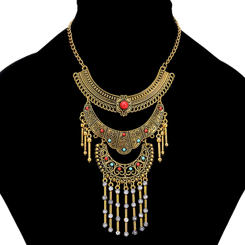 Ethnic Vintage Gold Color Geometric Metal Tassel Statement Necklaces for Women Boho Temperament Hollow Carved Jhumka Jewelry