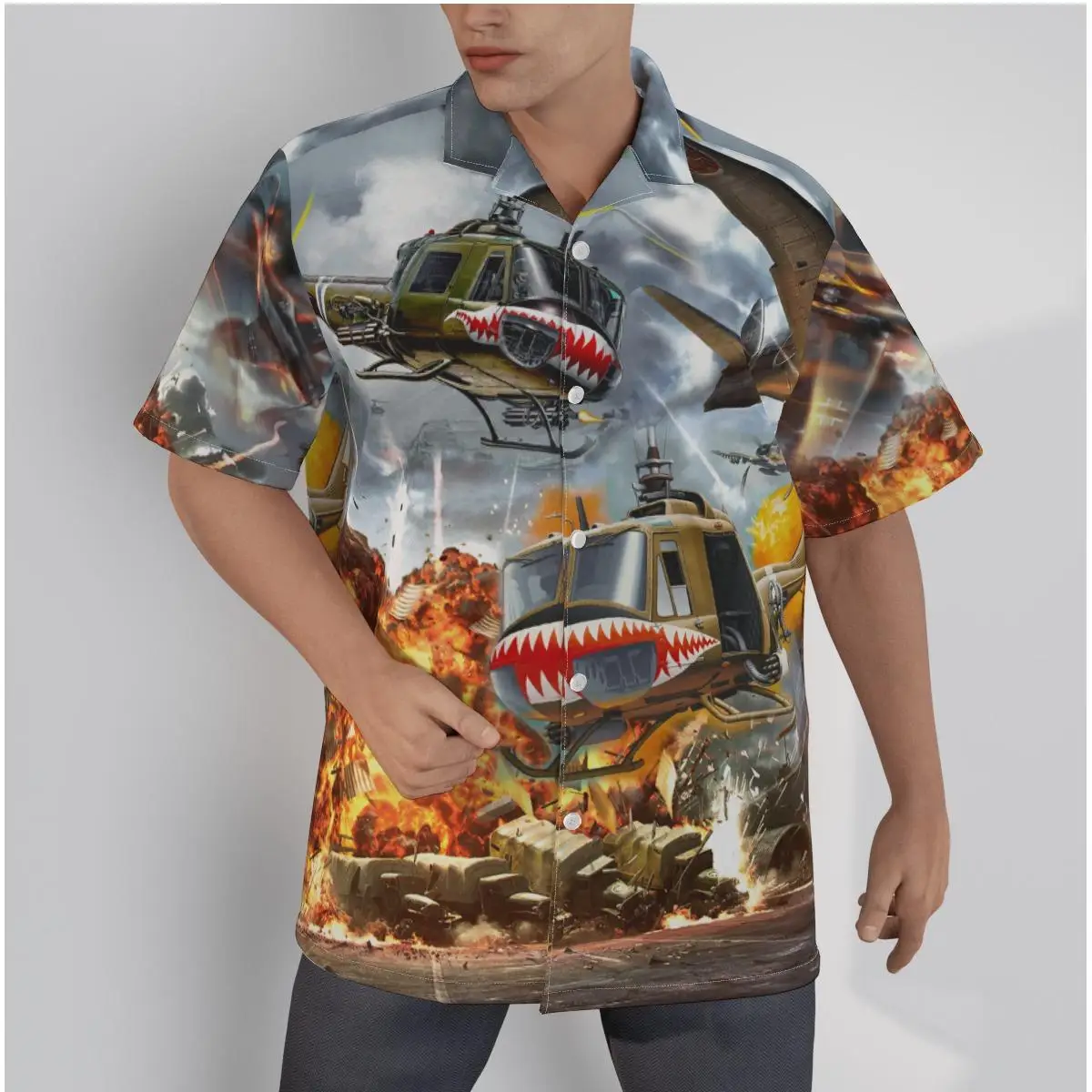 Men\'s Hawaiian Yellow Shirt Creative Mountains Print Beach Short Sleeve Summer Casual Button Up Patchwork Tops 3D Shirts