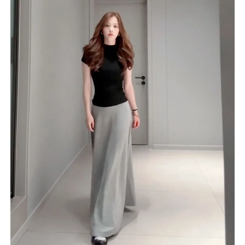 Lazy Versatile Short-sleeved T-shirt Gray Skirt Suit Women's Summer Small Man High Waist Thin Umbrella Skirt A-word Long Skirt