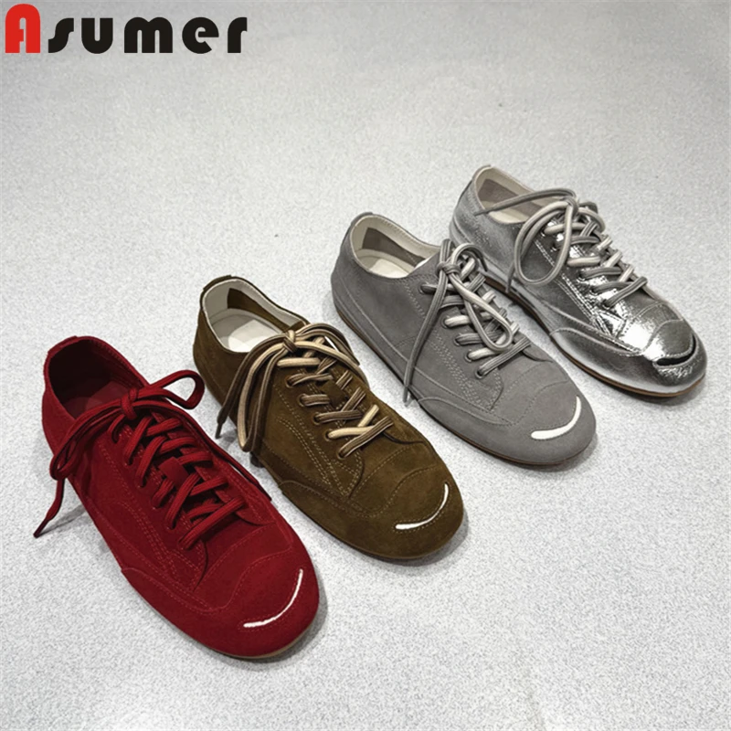 

ASUMER 4 Colors INS Fashion Suede Leather Women Sneakers Brand Flat Shoes Handmade Lace Up Spring Autumn Casual Flat Sneakers
