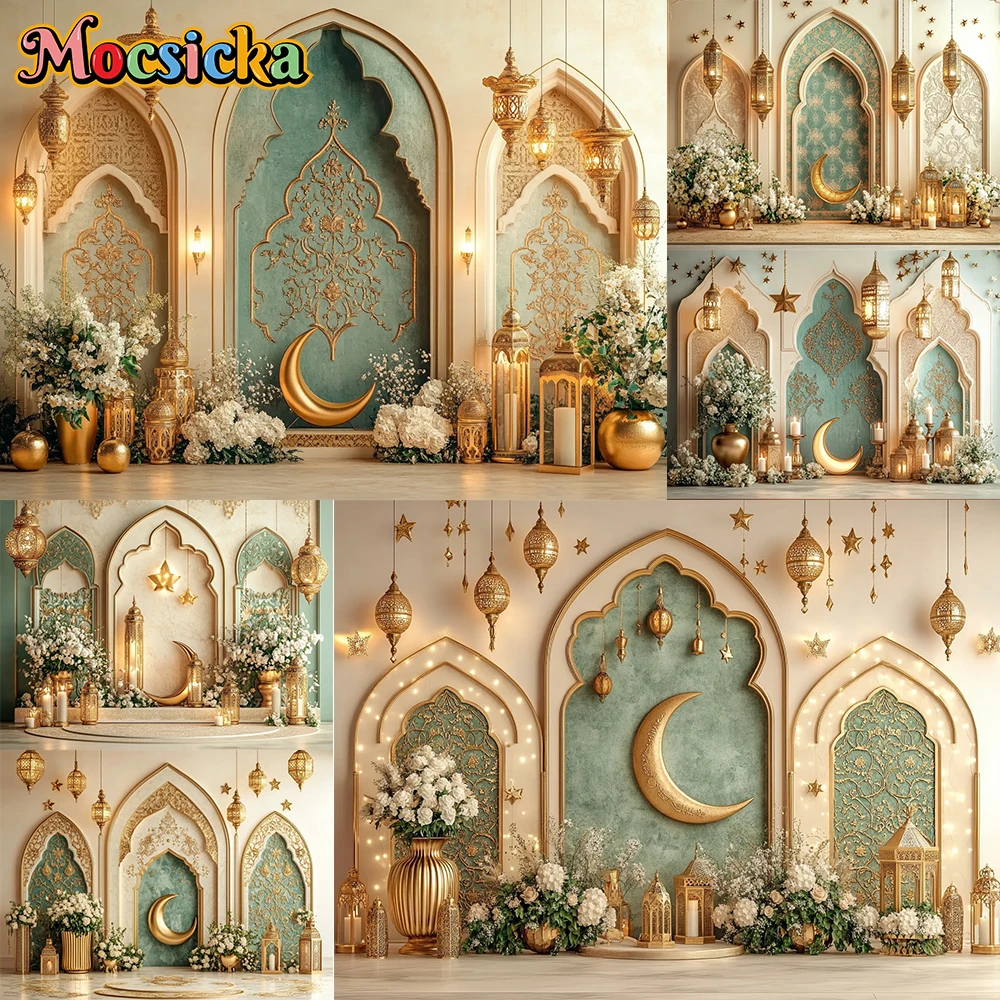 Mocsicka Photography Backdrop Golden Moon Flower Lamp Decoration Muslim Mubarak Themed Palace Party Portrait Photo Studio Props