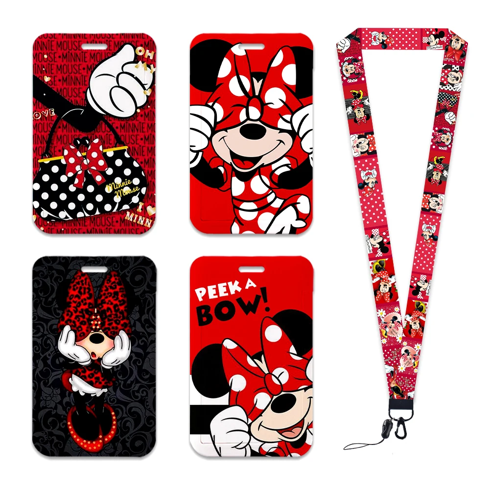 Llavero con cordones de Mickey Mouse, bonito soporte para insignia animada, ID, tarjeta de crédito, cuerda para colgar, cordón para llaves, accesorios, regalos