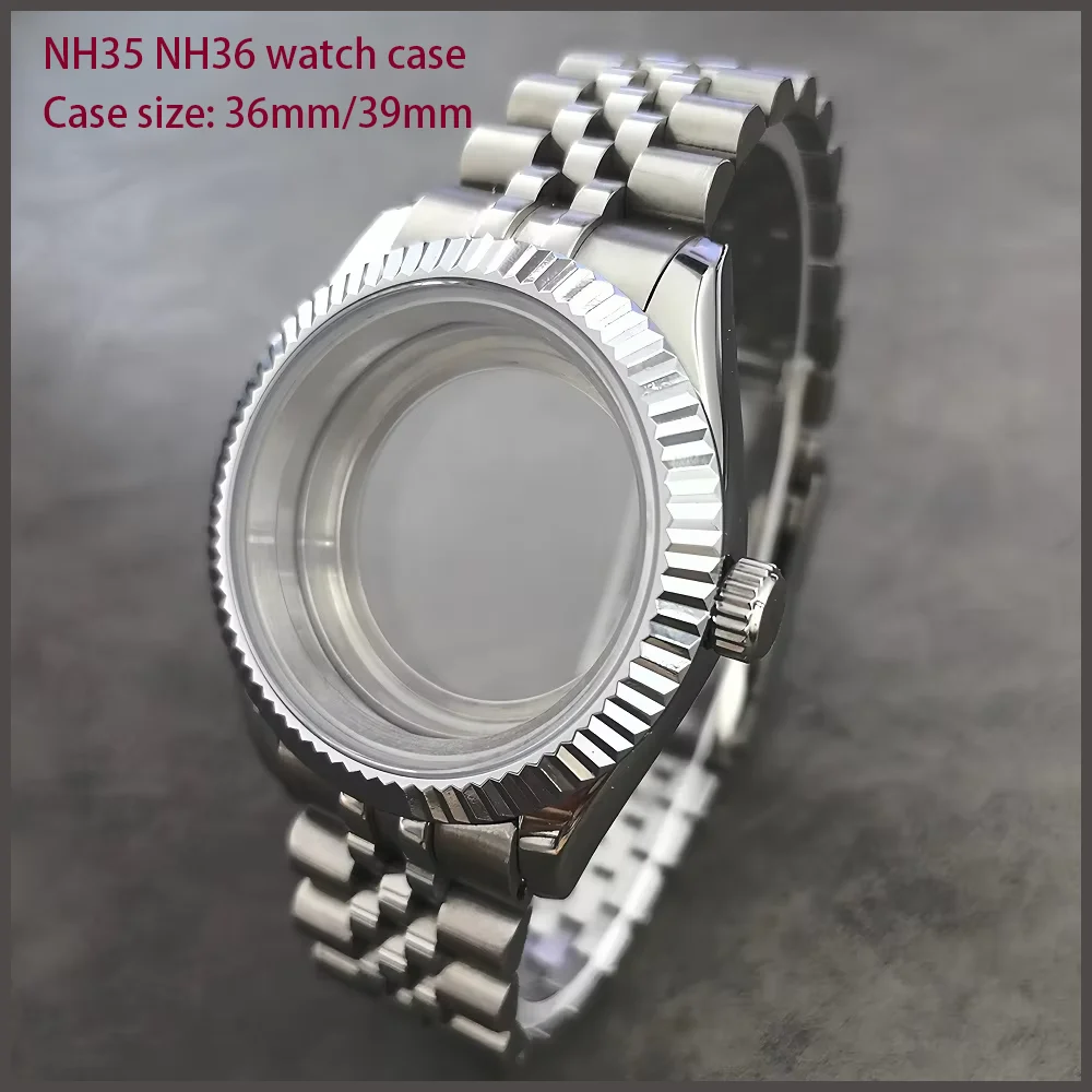 36 مللي متر/39 مللي متر حافظة ساعة من الفولاذ المقاوم للصدأ مع كريستال الياقوت يناسب NH35/NH36 حافة حلزونية 20 مللي متر حزام فولاذي عرض التاريخ المكبر