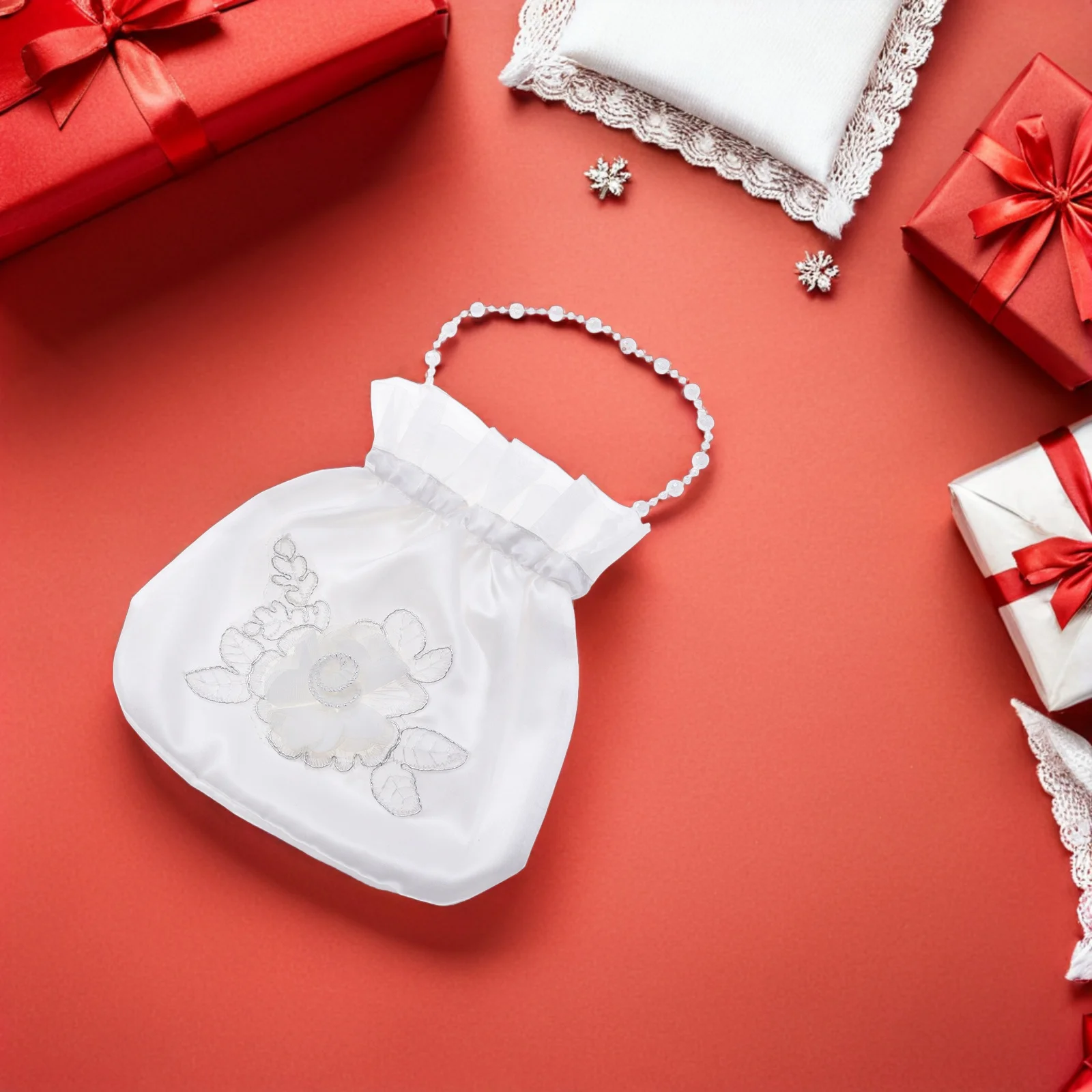 الأبيض 21*22 سم الساتان الزفاف دوللي حقيبة حجر الراين مزين حقيبة يد الزفاف لوصيفة الشرف زهرة هدية حفلة لصالح حقيبة #4