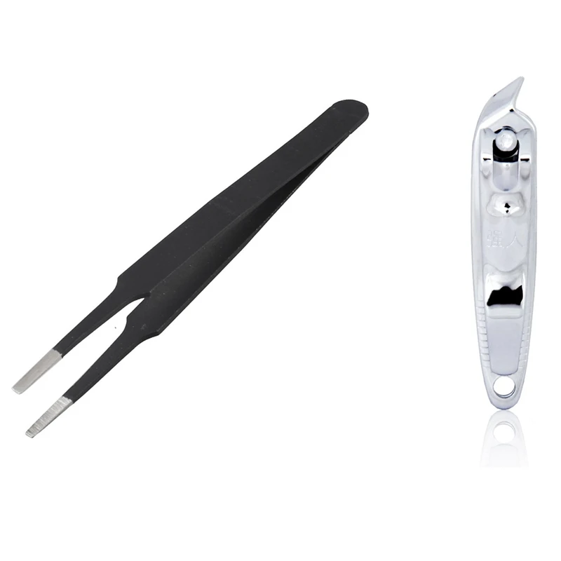 1Pcs Anti-Static Flat Square Tip Stainless Steel Straight Tweezers & 1Pcs Slanted Edge Nail Cutter Nail Clippers Retail