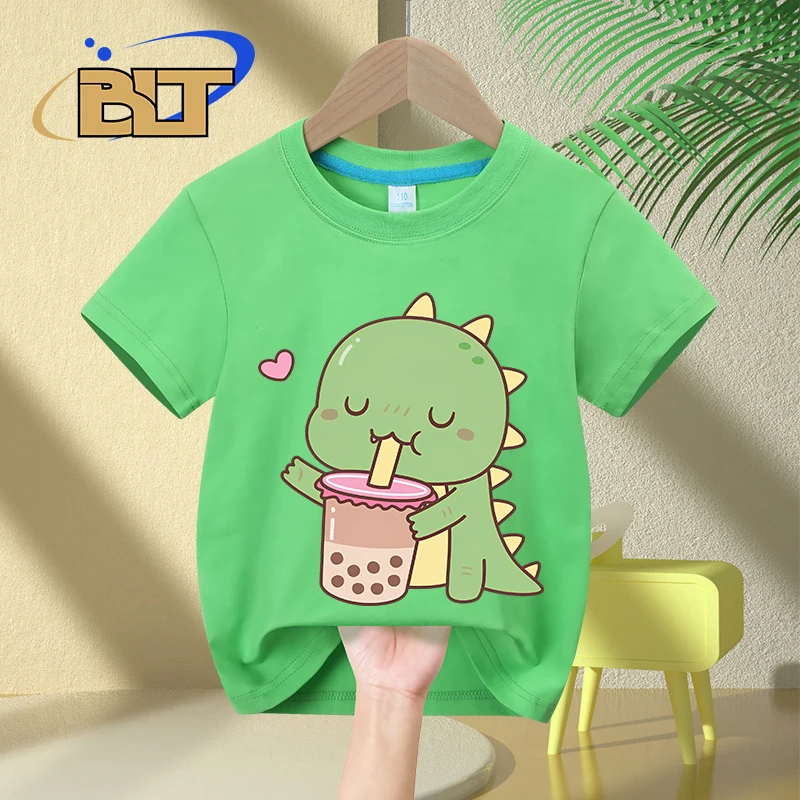 

Cute Little Dino Loves Boba Milk Tea printed kids T-shirt summer pure cotton short-sleeved casual tops for boys and girls