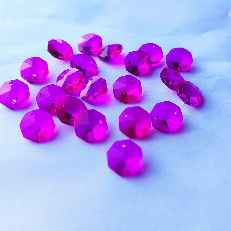 200pcs 14mm Fuchsia Crystal Octagonal Beads Two Holes Glass Curtain DIY Dress Decorate Accessories Chandelier Stone Hanging Part