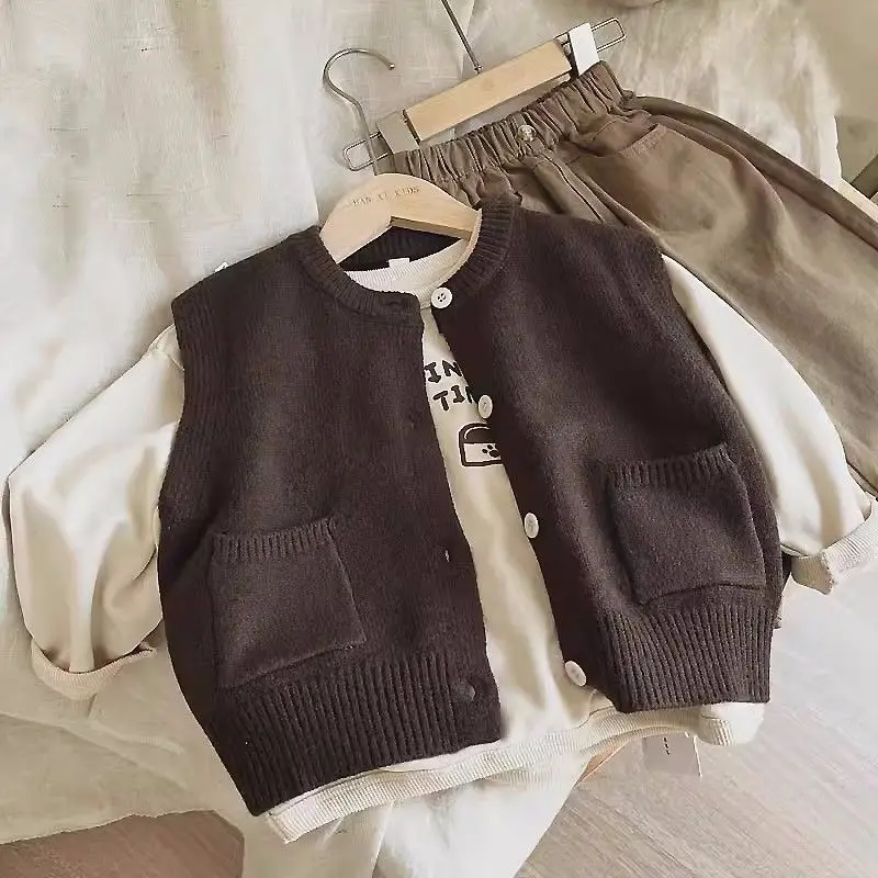 Fashion Toddle Boys Clothes Autumn Spring Cute Knit Vest+TShirt+Loose Pants 3Pcs Korean Kids Casual Handsome Retro Clothes