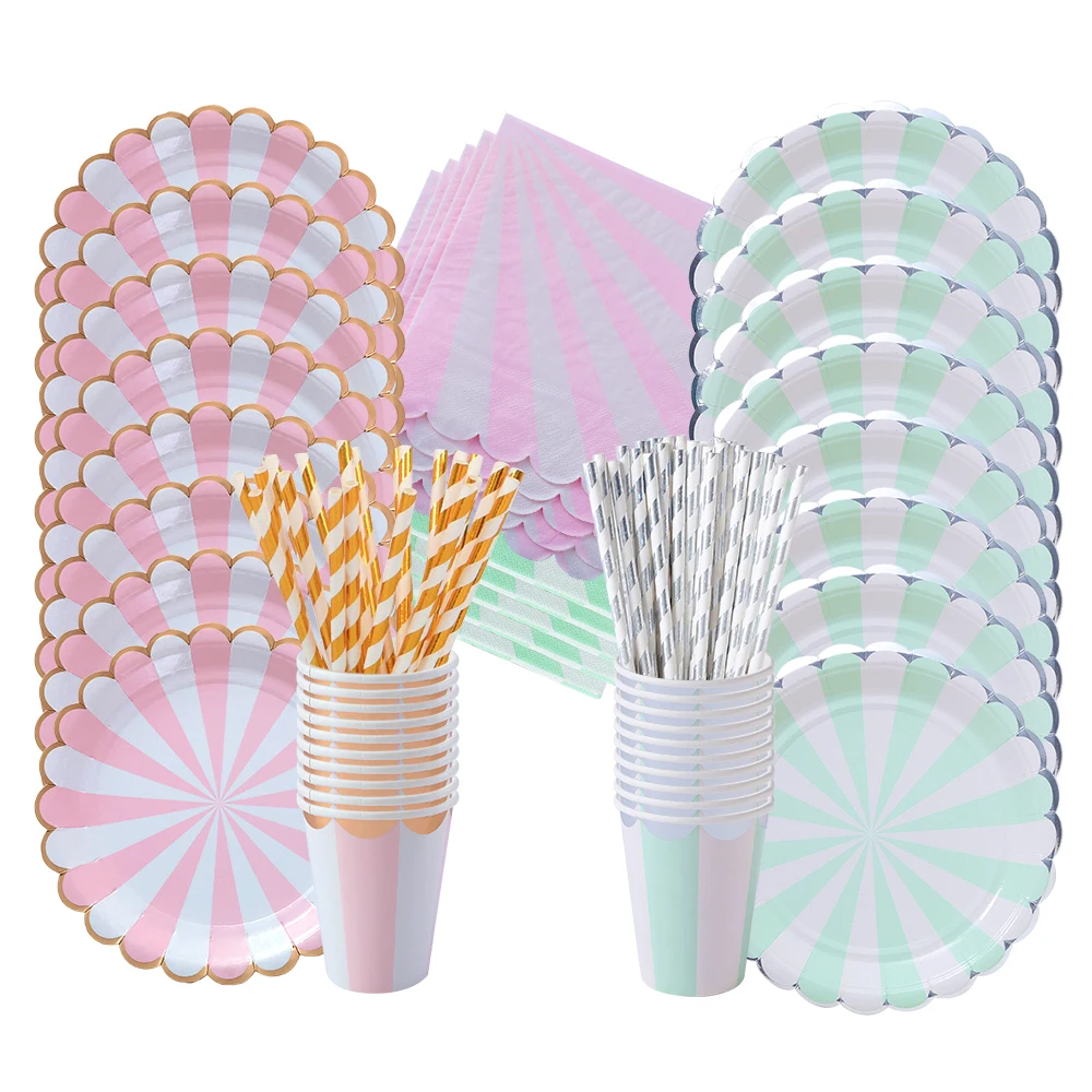 63pcs/set pink mint green paper Striped Tableware Wedding Birthday disposable Plates Cups Straws Napkins party decor Supplies