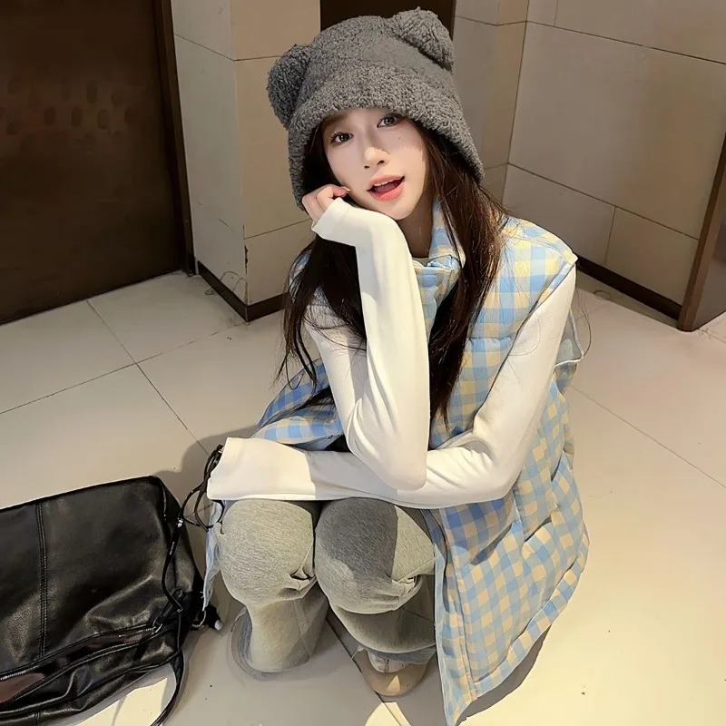 

Checkered Standing Collar Vest for Women Loose Slimming Autumn Winter Down Coat