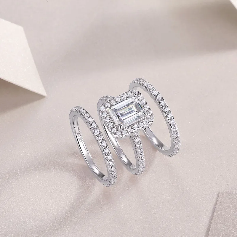 S925 Silver 2ct Emerald Cut Moissanite Engagement Ring Set for Women Fine Jewelry Shine Diamond Wedding Ring Platinum Plated