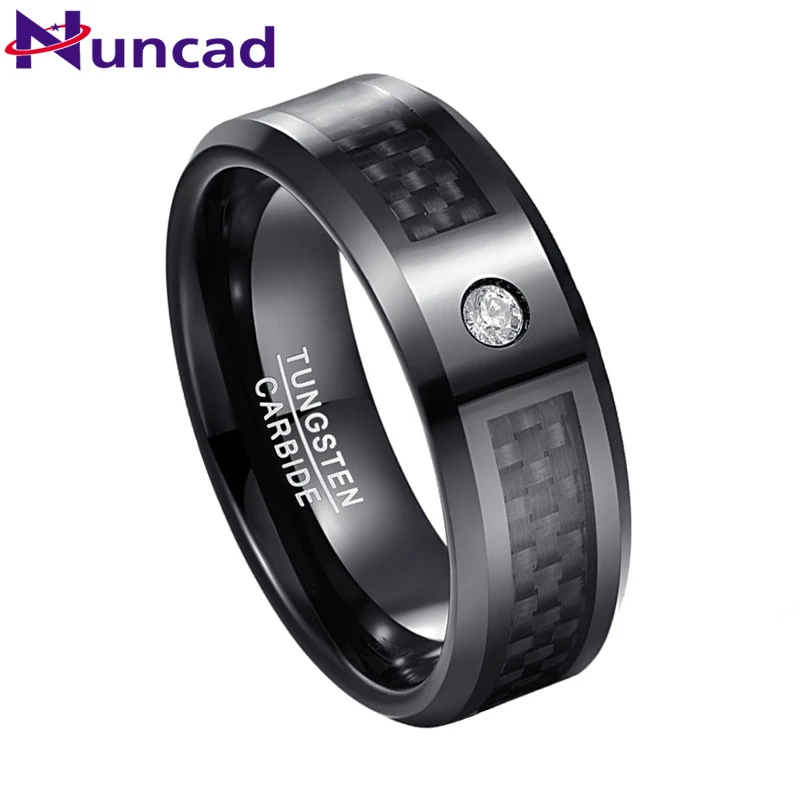 Nuncad  Black Carbon Fiber Oblique Angle Tungsten Steel Men  Electroplated Polished Crystal Wedding band Female Jewelry hot sell