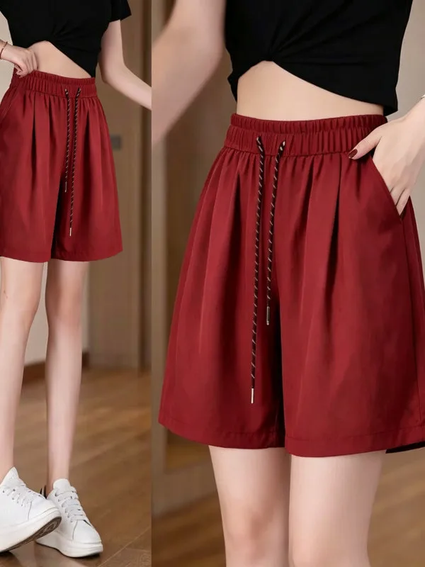 

Summer Thin High Waist Wide Leg Short Pants Women's Loose Casual Drawstring Five-Point Pants Trendy Polyester Fiber Ladies