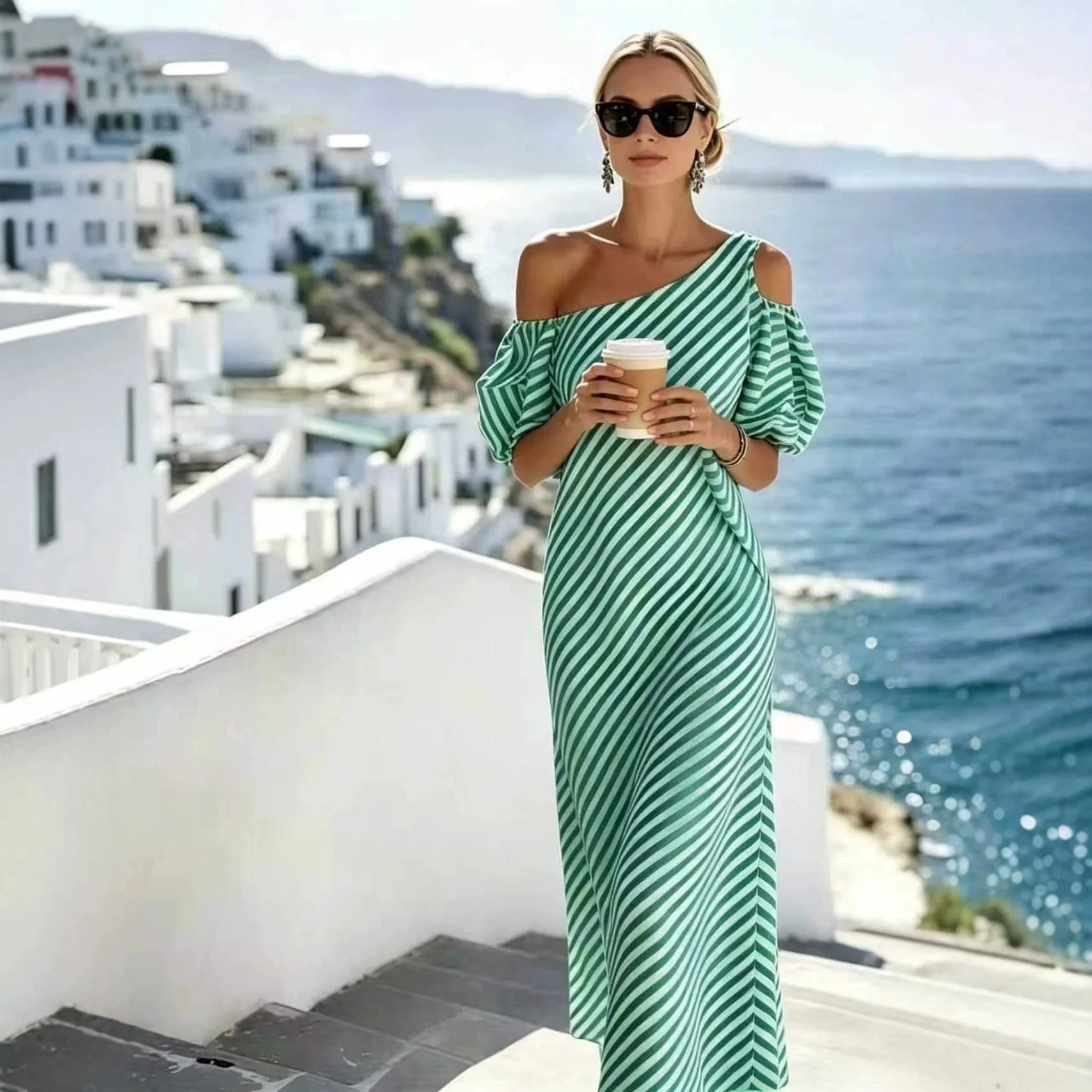 Sommerliches gestreiftes Maxik – Off Shoulder Puff Sleeve Sundress Bewertung und Preis