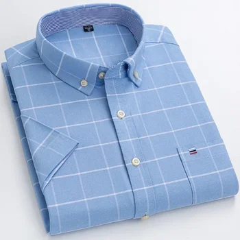 100% Cotton Breathable Men Oxford Short Sleeve Summer Plaid Striped Male Shirt Business Regular Fit Oversized Clothes 3