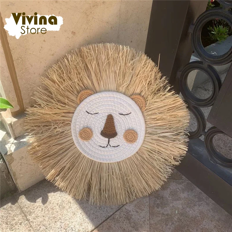 Nordic Hand Woven Lion Wall Hanging Ornaments Cartoon Animal Head Straw Weaving Children Room Wall Decor Tent Party Decoration