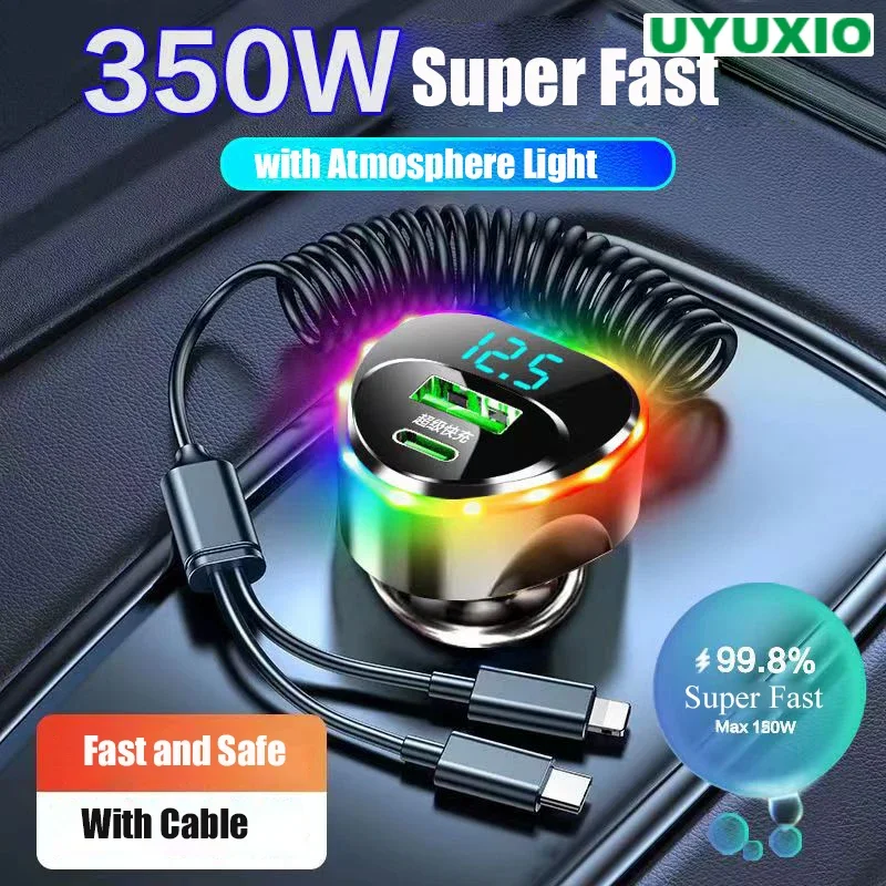 

UYUXIO USB-адаптер автомобильного зарядного устройства для телефона с монитором напряжения, кабель 3,3 фута, сверхбыстрый в автомобиле для iPhone 16 15 Pro Max Samsung Oneplus