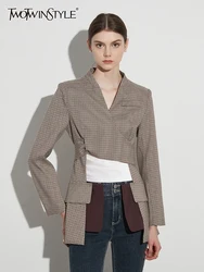 TWOTWINSTYLE-Chaqueta informal con dobladillo Irregular para mujer, bléiser adelgazante de manga larga con cuello en V, con retales de colores, 2023