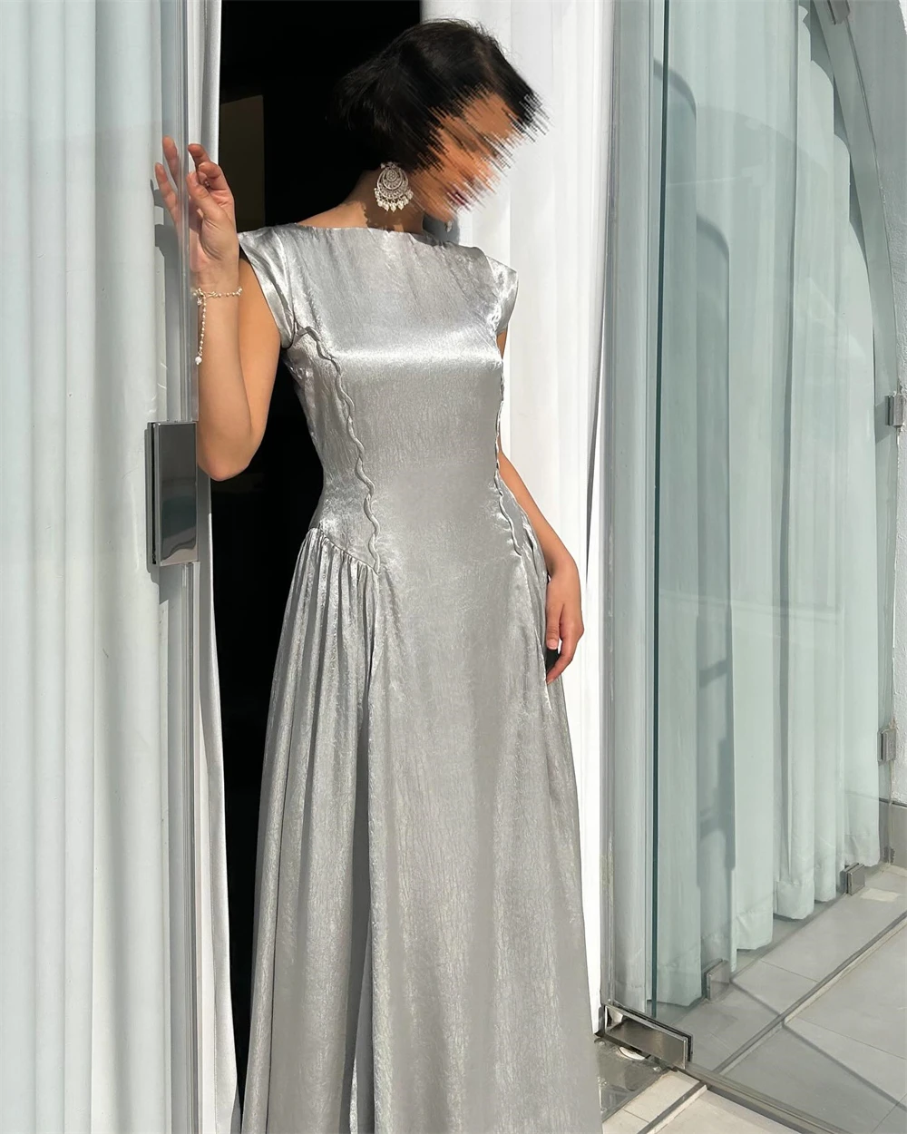 Customized Elegant Velour Draped Evening Dress Modern Girdling Ruched Crew Neck Sleeveless Sweep Train Special Occasio