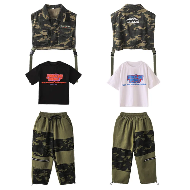 New Hip Hop Kids Wear Street Dance Clothes Camo Vest Calças de Manga Curta T Shirt Meninos Concerto Show Stage Costume 6 8 10 12 14 16Y