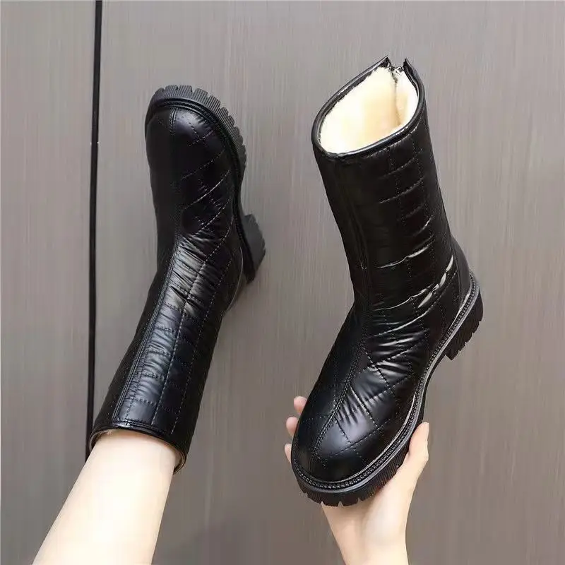 Shoes For Woman Mid Calf Silver Women\'s Snow Boots Half High Biker Waterproof Large Size Warm Winter 2024 With Stylish Hot