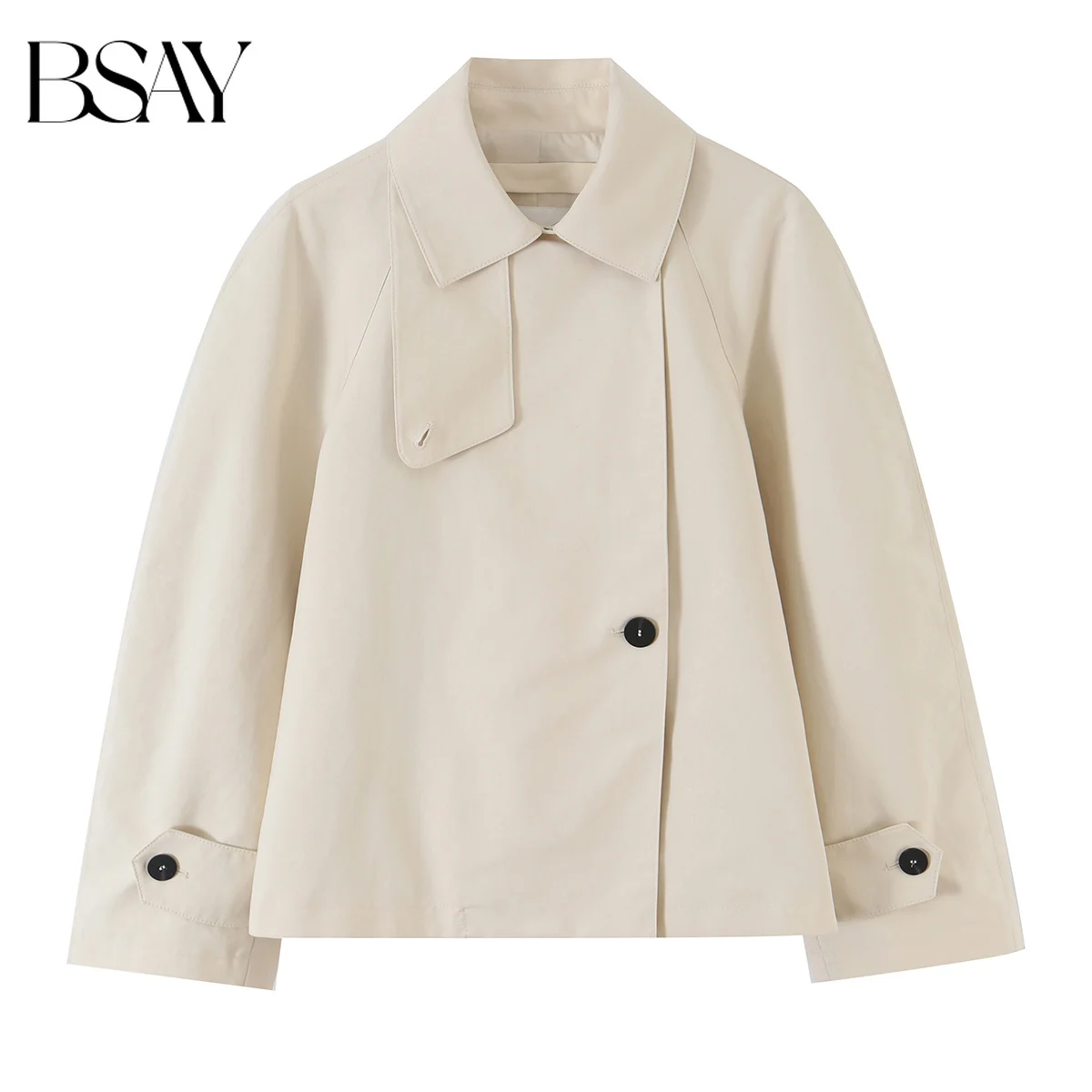 BSAY 2026 Retro Casual Women Cropped Trench Coat Lapel Collar Contrast Black Buttons Raglan Sleeve Patch Pockets Short Outerwear