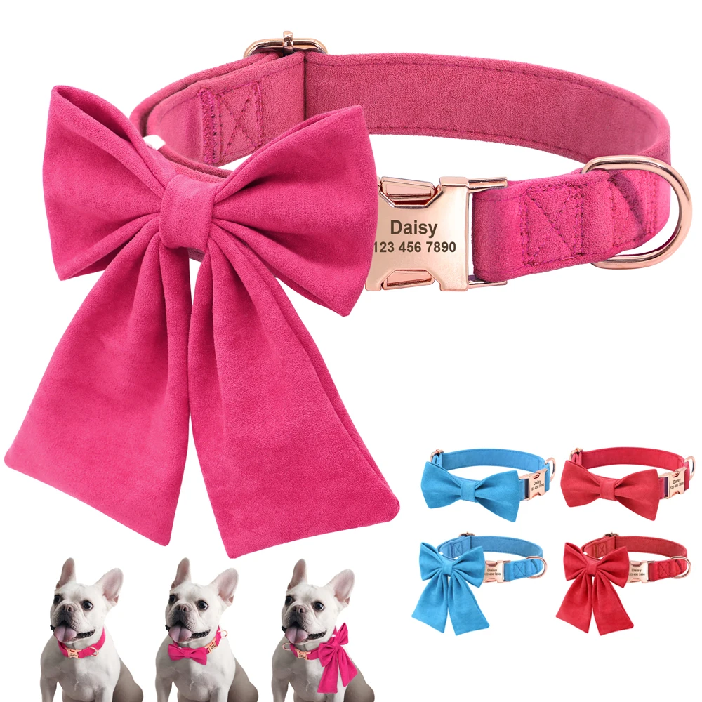 Personalized Dog Collar Velvet Cotton Customized Pet Dog Collars With Bowknot For Small Medium Dogs Cats Pet Accessories