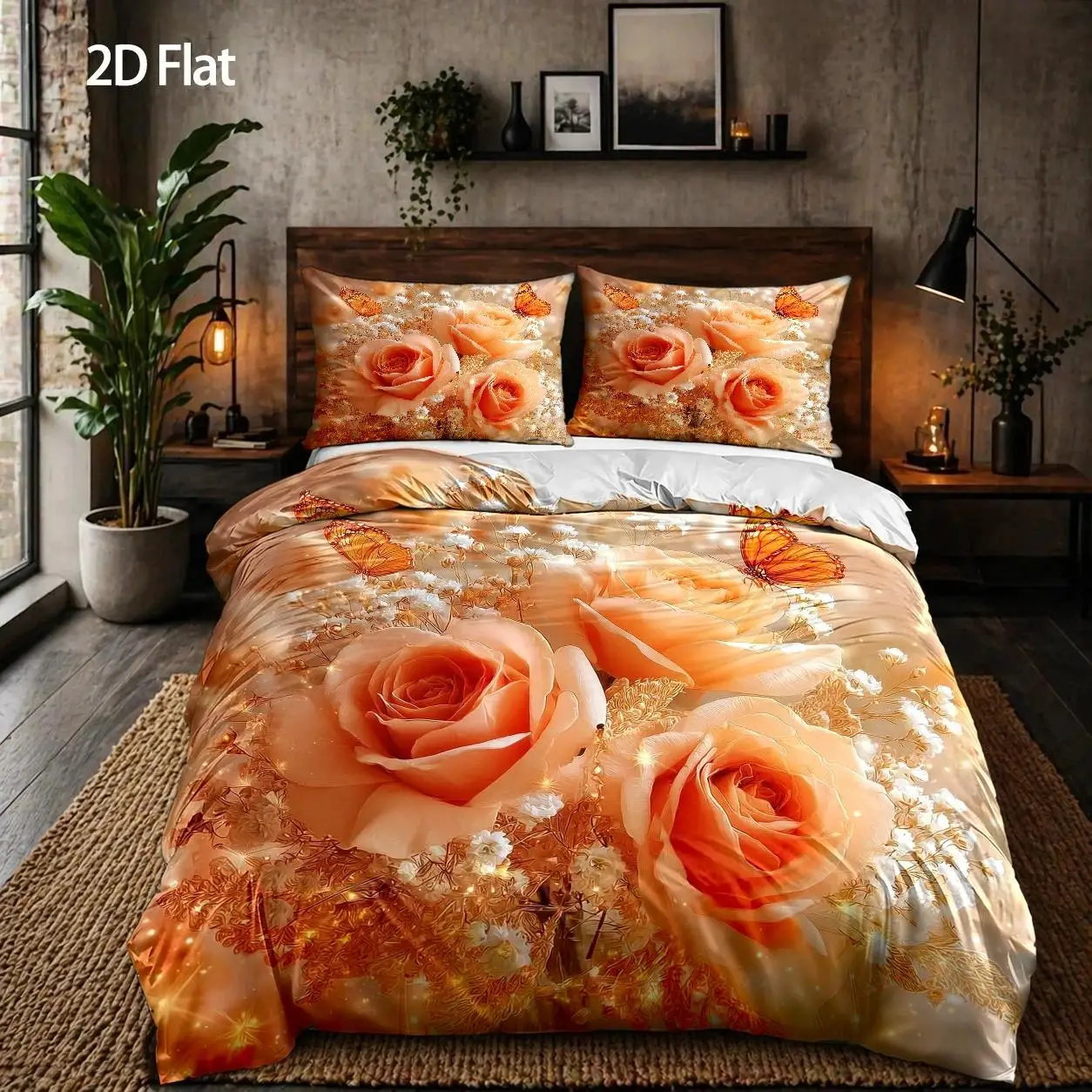 3-Piece Quilt Cover Set, 1 Quilt Cover + 2 Pillowcases (Without Filling) 2D Flat Printing, Orange Rose Butterfly Theme, Dreamy Realistic Style, Romantic Valentine's Day, Three-Piece Bedding Set, Large Quilt Cover Set, Suitable for All Seasons, Machine Washable, Invisible Zipper, Suitable for Home, Dormitory, Master Bedroom, Guest Room