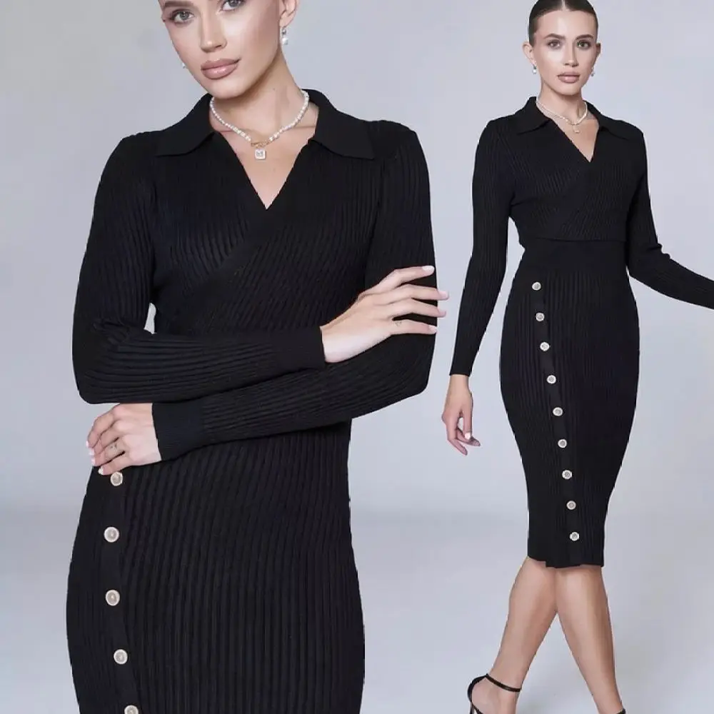 Vintage Style Knitted Bodycon Dress Womens Long Sleeve Polo Collar Slim Sweater Dresses Autumn Winter Elegant Knit Gown