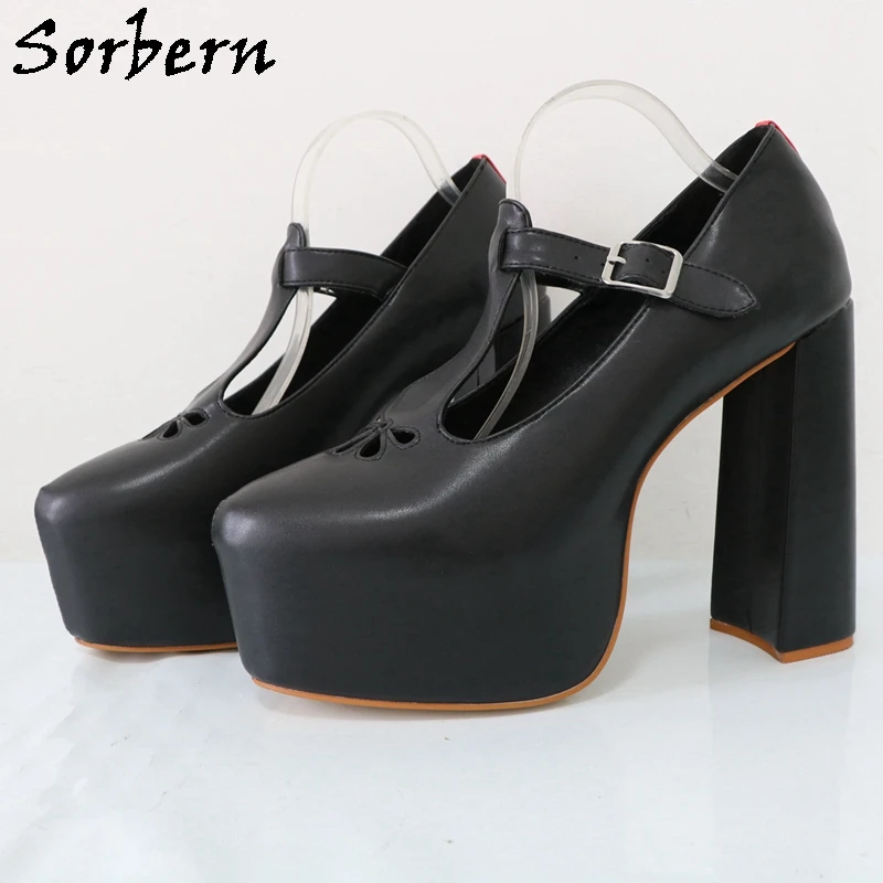 Sorbern Black T-strap Block High Heel Ankle Strap Women Pump Shoes Chunky Heeled Round Toe Hollow Out Custom Plus Size