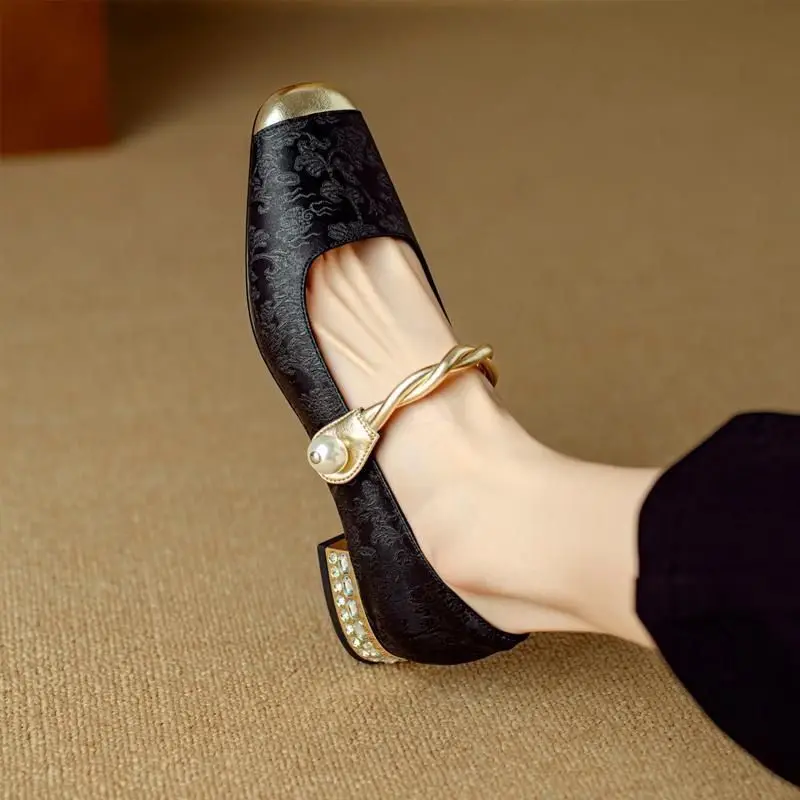 Retro Rhinestone Square Toe Mary Jane Shoes for Women Low Heel Elegant Woman Pumps Chic Comfortable Point Footwear On Promotion