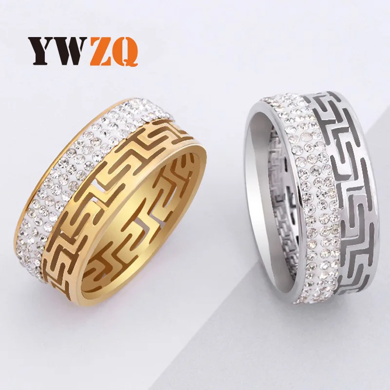 Cross-border Titanium Steel Ring Hollowed Out Great Wall Pattern Inset Diamond Small Luxury Stainless Steel Jewelry Couple Ring