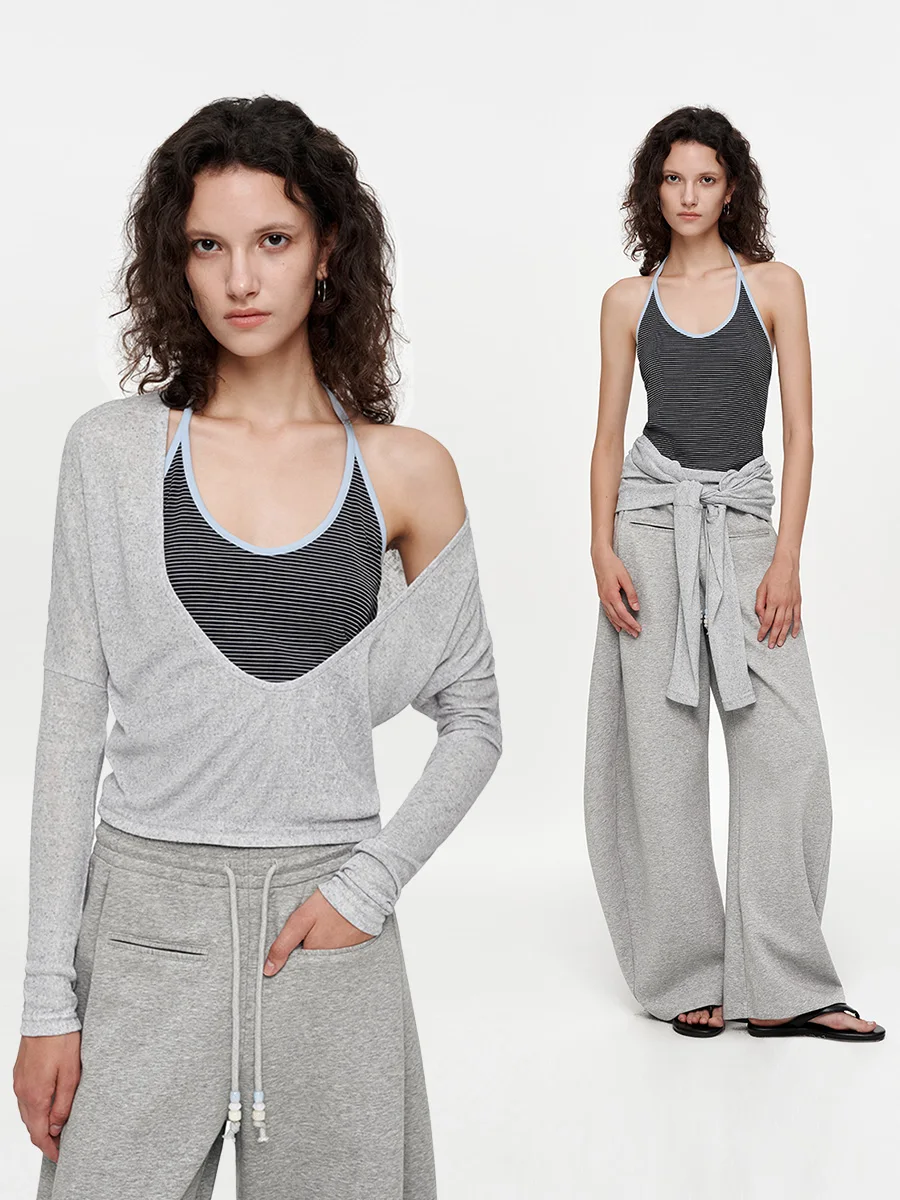 

Redolence Осенняя женская футболка в полоску U-Ne Hanging Ne Vest Slim Fit ort Top Color Blo Casual Sle Long Sve