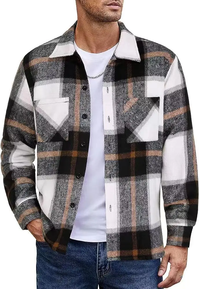 Autumn Winter Men\'s Plush Warm Plaid Thickened Shirt Jacket Coat Elegant Long Sleeve Shirts For Men