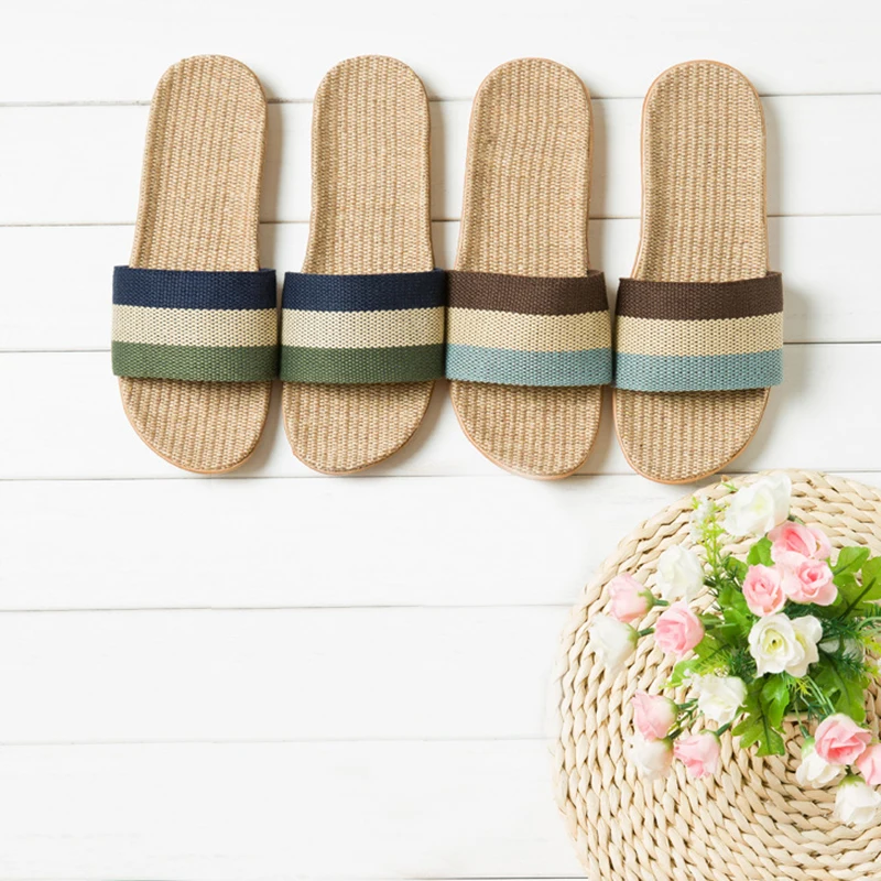 Spring, Autumn and Summer Home Use Striped Indoor Linen Slippers, Silent and Comfortable Slippers