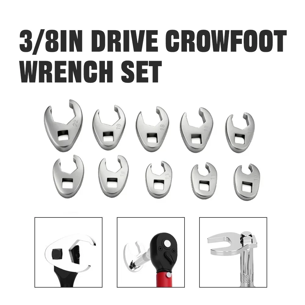 High Quality 10Pcs 3/8Inch Drive Crowfoot Wrench 3/8Inch Drive Carbon Steel Open End Spanner Metric Foot Horn Wrench Head
