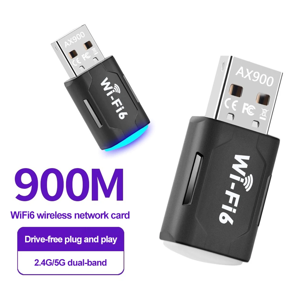 بطاقة الشبكة الذكية WiFi6 بقدرة 900 ميجا بت في الثانية بطاقة الشبكة اللاسلكية بدون سائق 2.4 جيجا بايت و5 جيجا هرتز بطاقة شبكة USB للكمبيوتر الشخصي